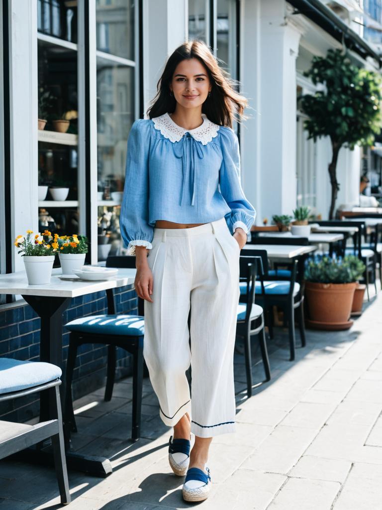 Young Woman Walking at Outdoor Café in Blue Blouse and White Trousers