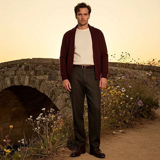 Man in Autumn Cardigan and Trousers Standing by Stone Bridge at Sunset