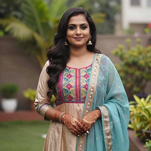Young Woman in Traditional Indian Dress with Henna Outdoors