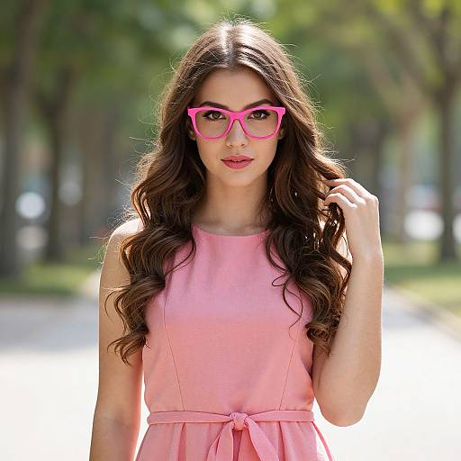 Young Woman Wearing Pink Dress and Glasses Outdoors
