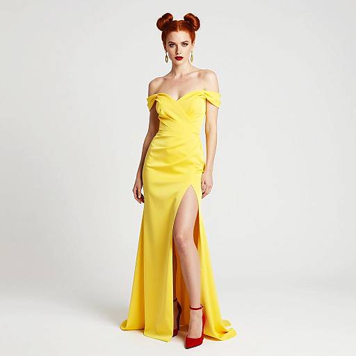 Red-Haired Woman in Yellow Off-Shoulder Evening Gown with High Slit