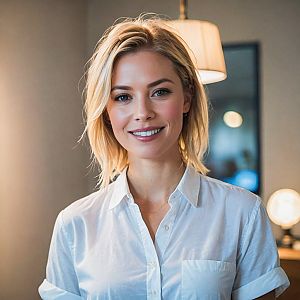 Confident Woman in White Shirt Smiling
