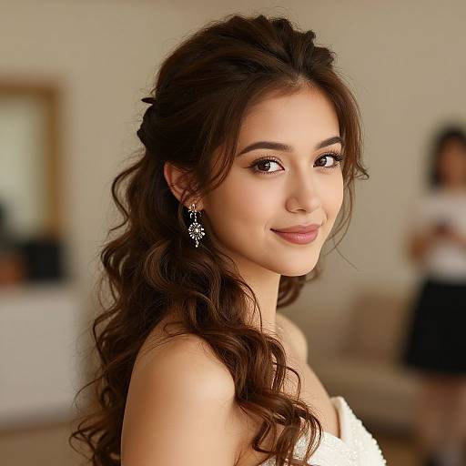 Elegant Young Woman with Wavy Hair and Silver Earrings in Soft Indoor Light