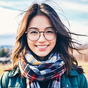 Cheerful woman with glasses in a plaid scarf
