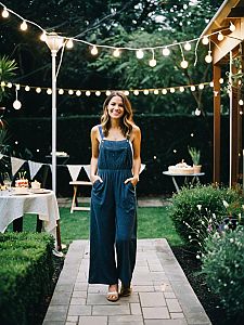 Woman in Blue Jumpsuit at Cozy Garden Party with String Lights