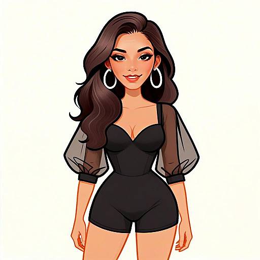 Stylish Woman in Black Romper with Sheer Puff Sleeves Digital Illustration