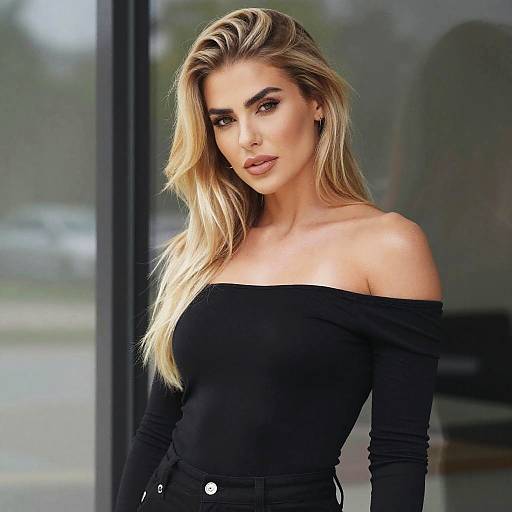 Blonde Woman in Black Off-Shoulder Top Outdoor Portrait