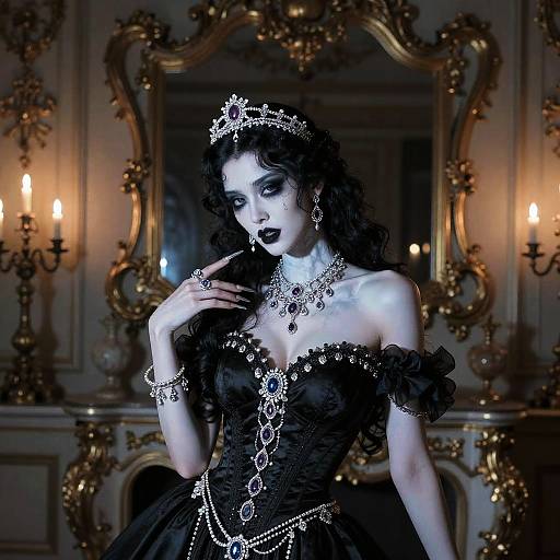 Gothic Vampire Woman in Black Corset Gown with Jeweled Tiara in Vintage Room