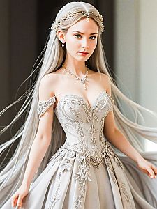 Stunning Woman in Silver Hair and Embroidered Gown