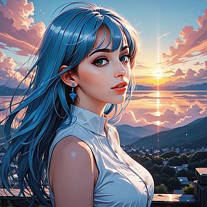 Woman with Blue Hair at Sunset