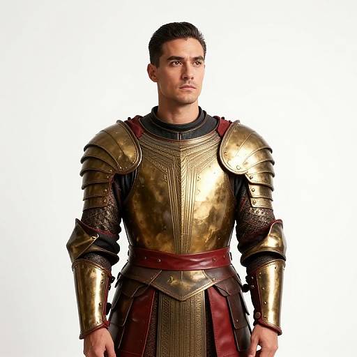 Man Wearing Detailed Medieval Golden Armor with Red Accents