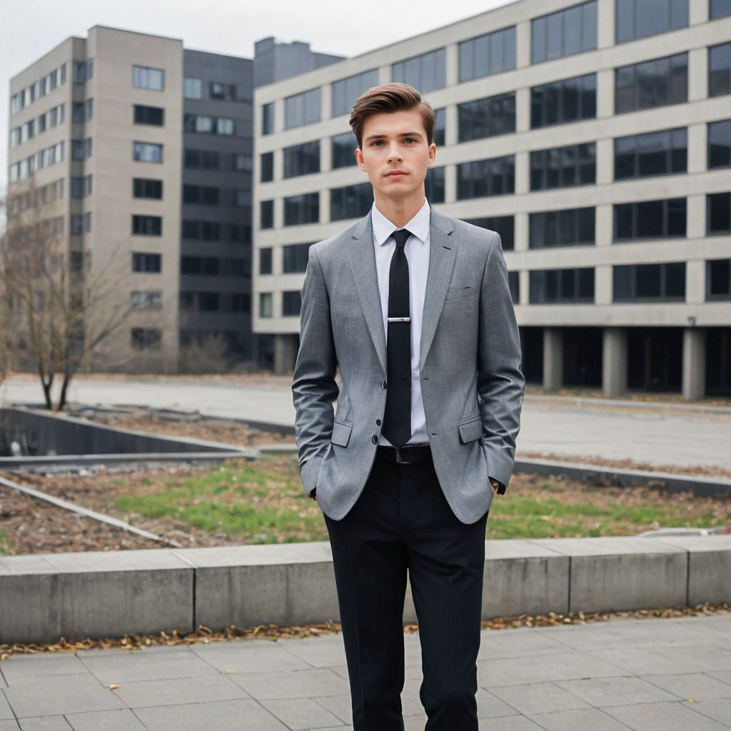 Young Man in Gray Blazer in Urban Setting Young Man in Gray Blazer in Urban Setting
