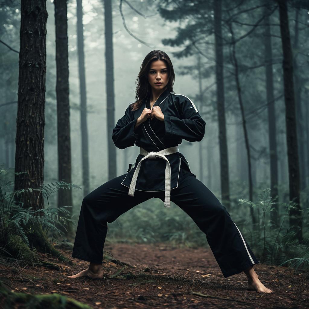 Woman Practicing Martial Arts in Misty Forest Black Gi White Belt