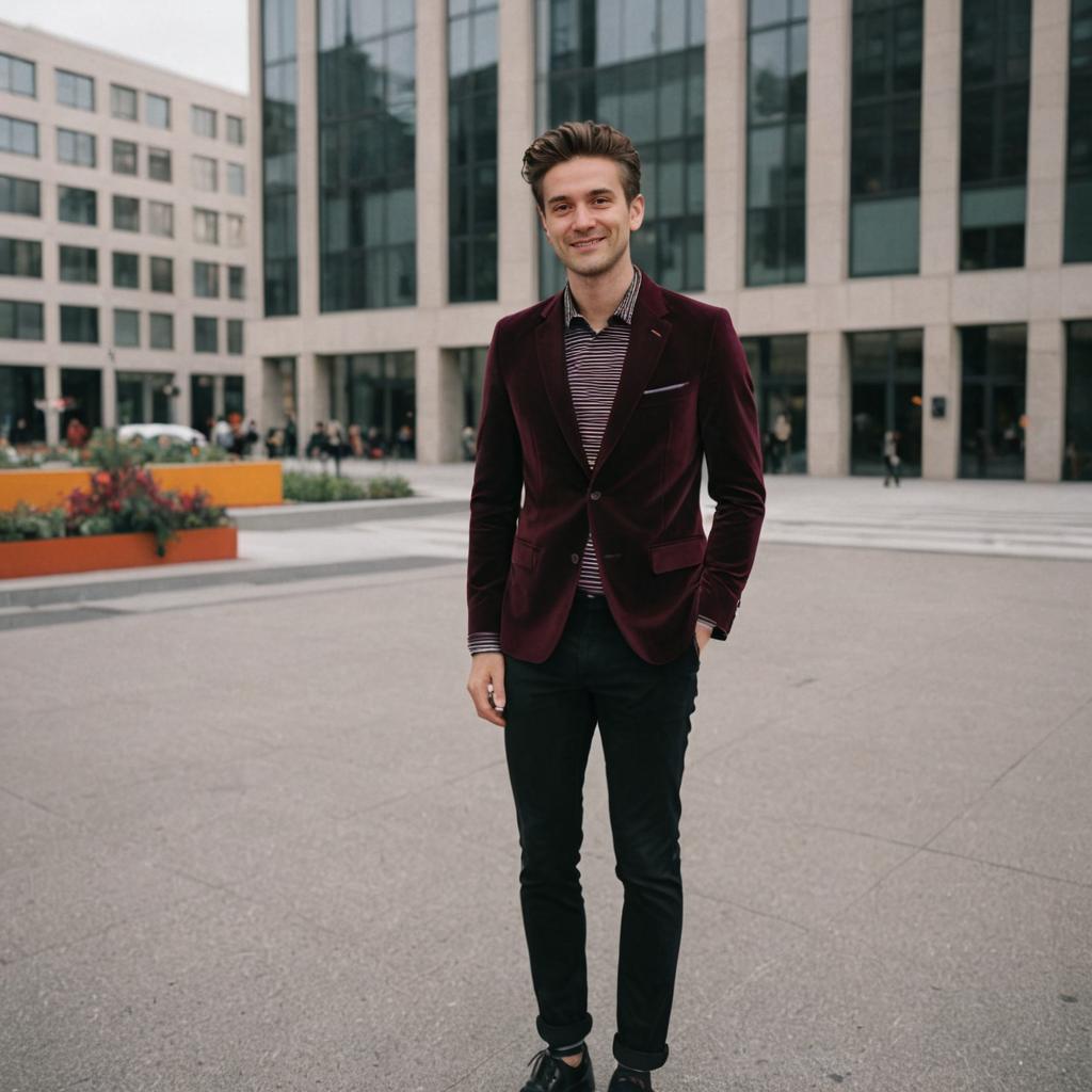 Stylish Man in Burgundy Velvet Blazer