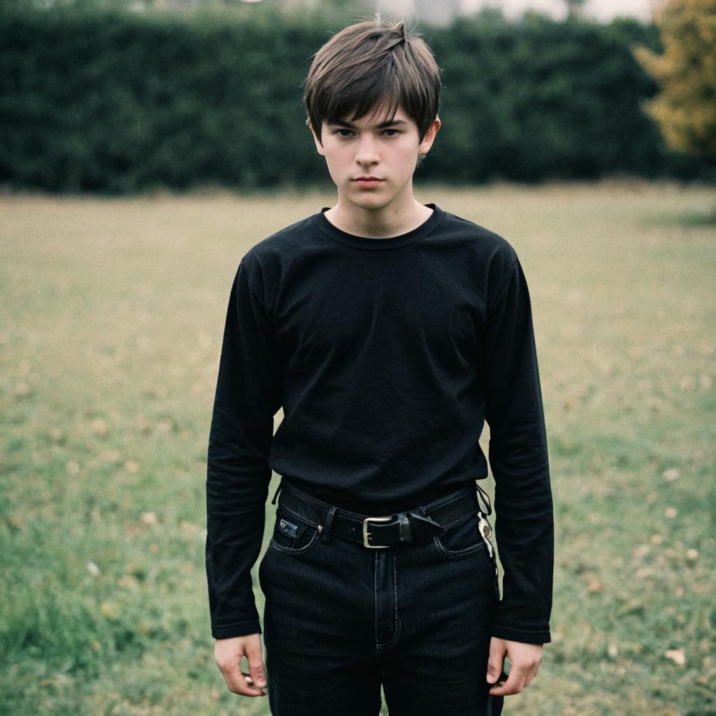 Young Man in All Black Clothes Standing Outdoors with Blurry Background Young Man in All Black Clothes Standing Outdoors with Blurry Background