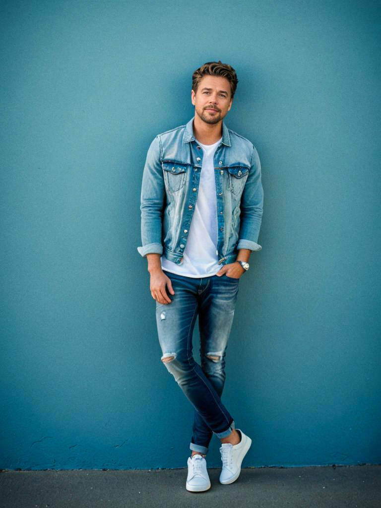 Stylish Man in Denim Against Blue Wall