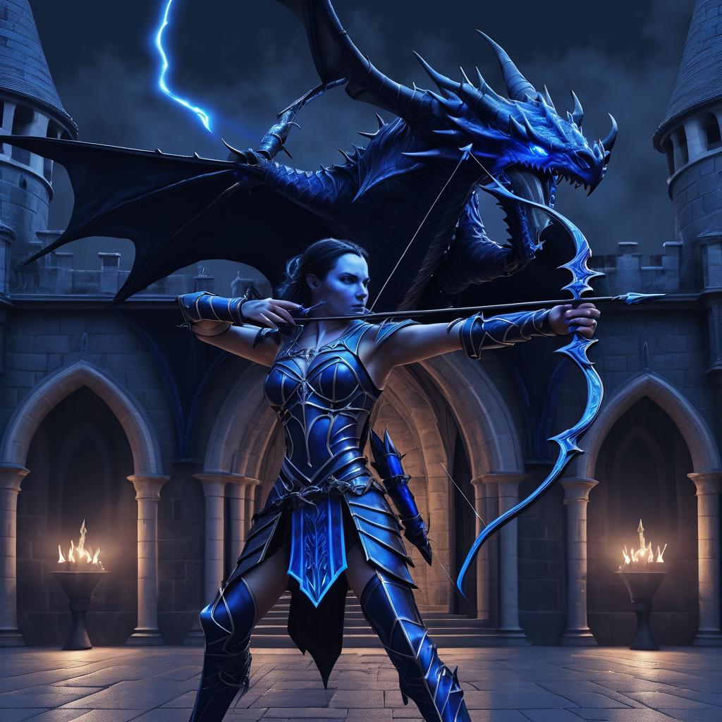 Blue-skinned female archer with a dragon in a medieval castle