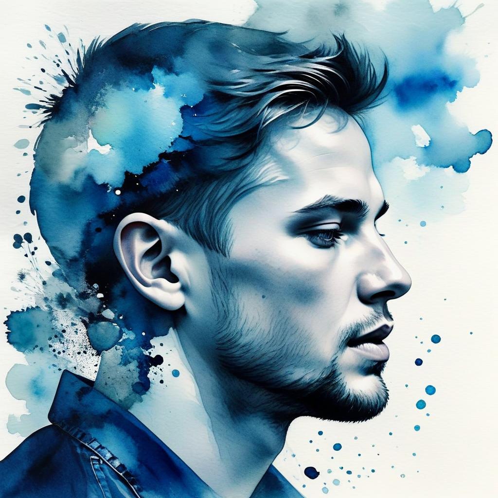 Watercolor Portrait of Young Man in Blue Abstract Style
