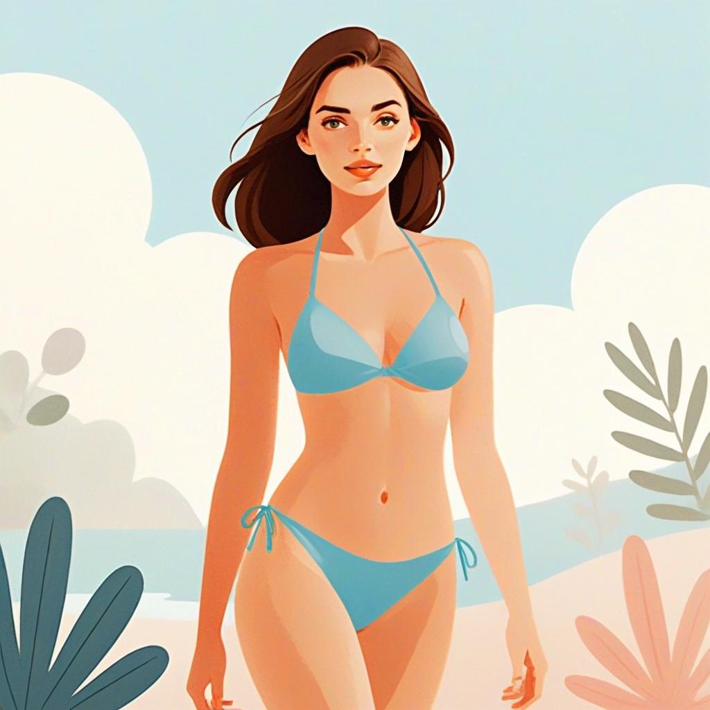 Digital Illustration of Young Woman in Blue Bikini on Beach Background