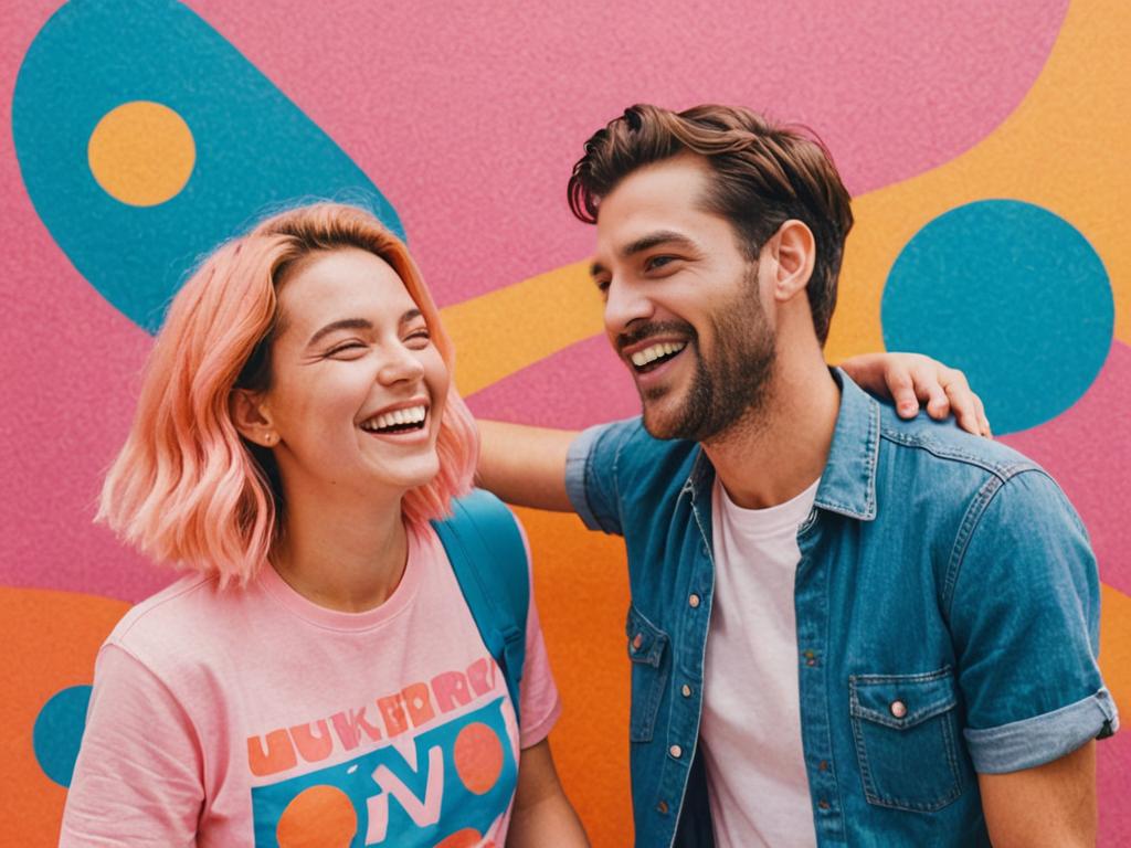 Joyful couple laughing against colorful graffiti