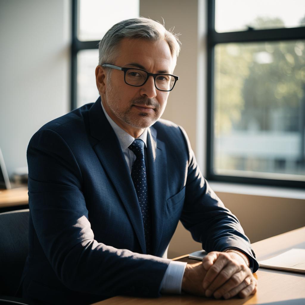 Professional Middle-Aged Businessman in Navy Suit Sitting at Office Desk