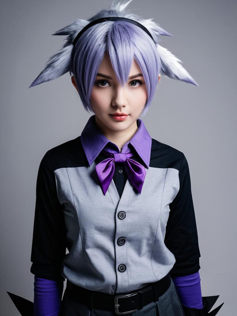 Amethyst Pokemon Inspired Cosplay Woman with Lavender Hair and Purple Outfit