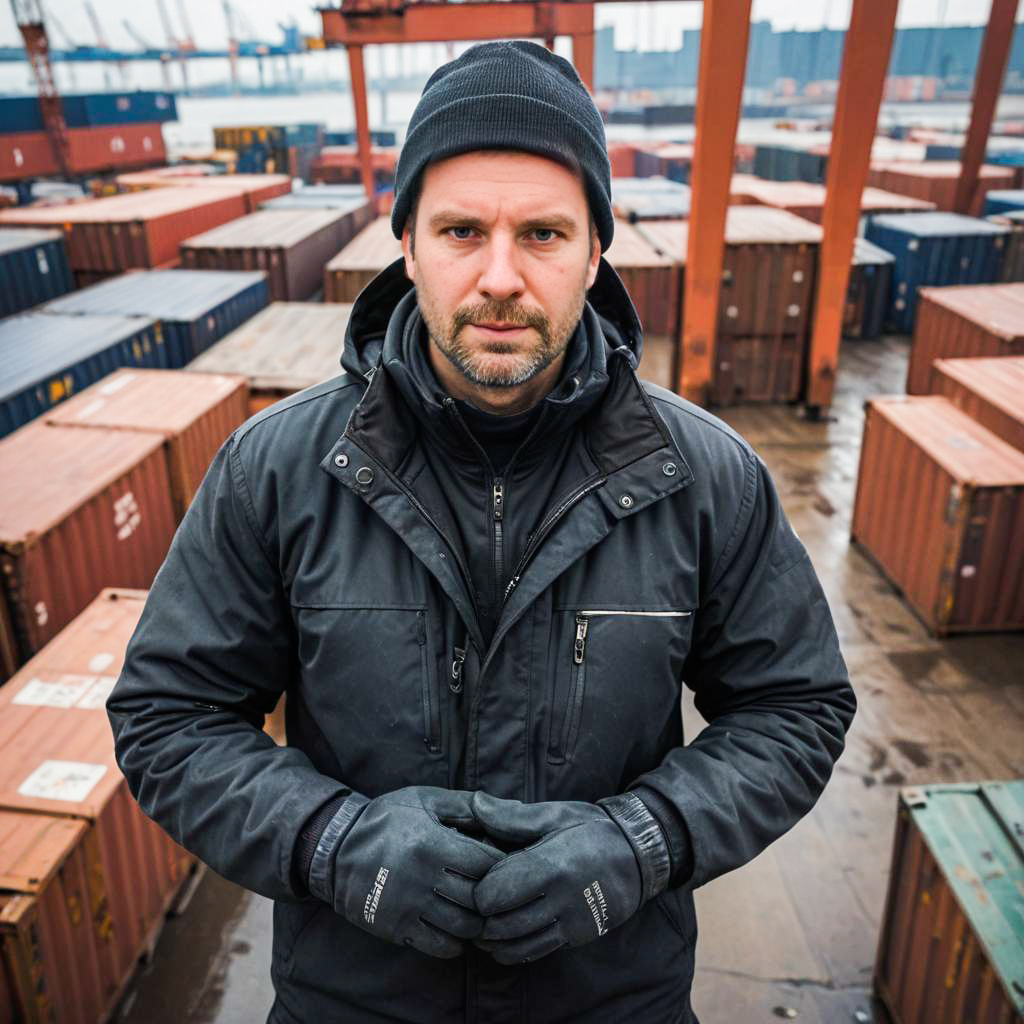 Confident Man Among Shipping Containers