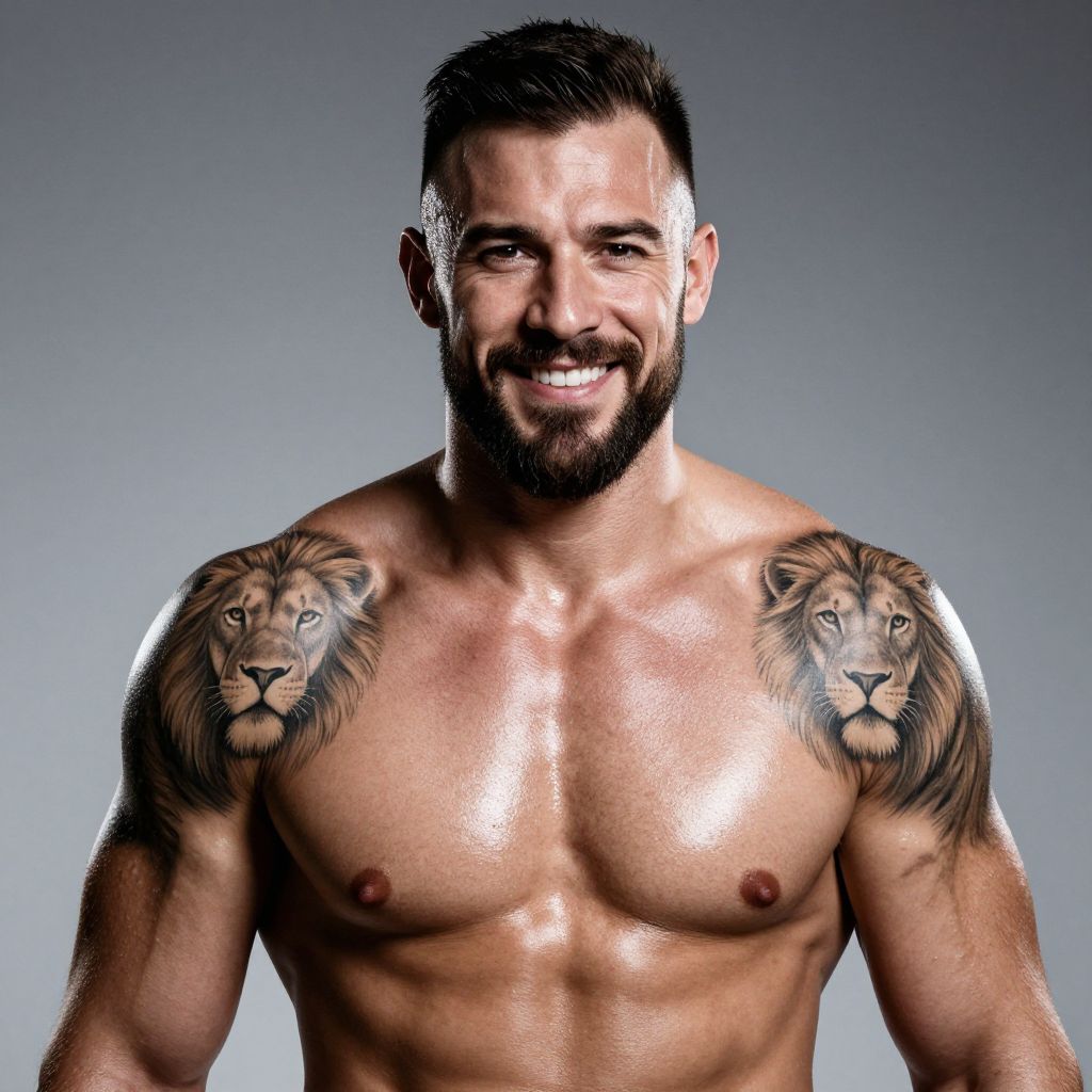 Muscular Man with Lion Shoulder Tattoos Smiling in Studio Portrait