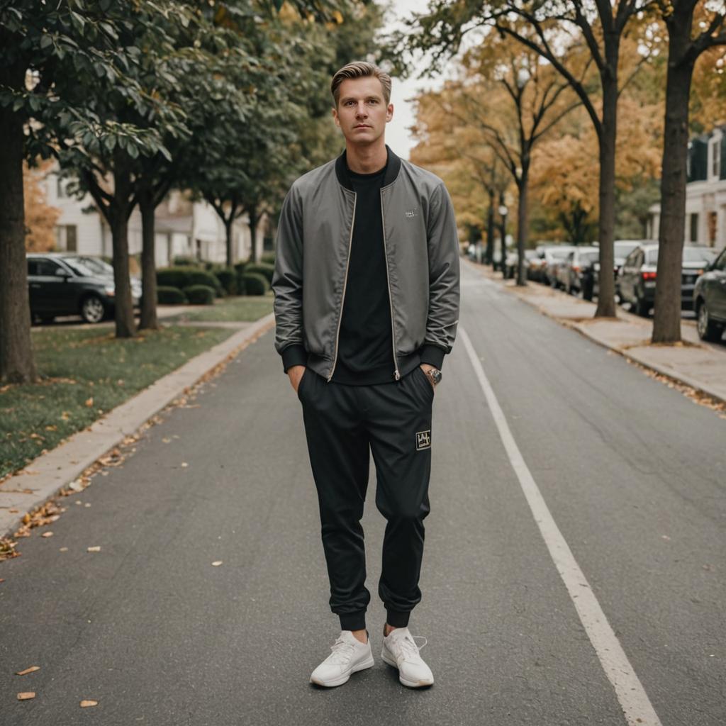 Confident Man in Athletic Wear on Tree-Lined Street