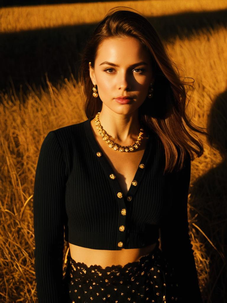 Contemporary Chic Woman in Cropped Black Ribbed Knit Cardigan with Gold Jewelry