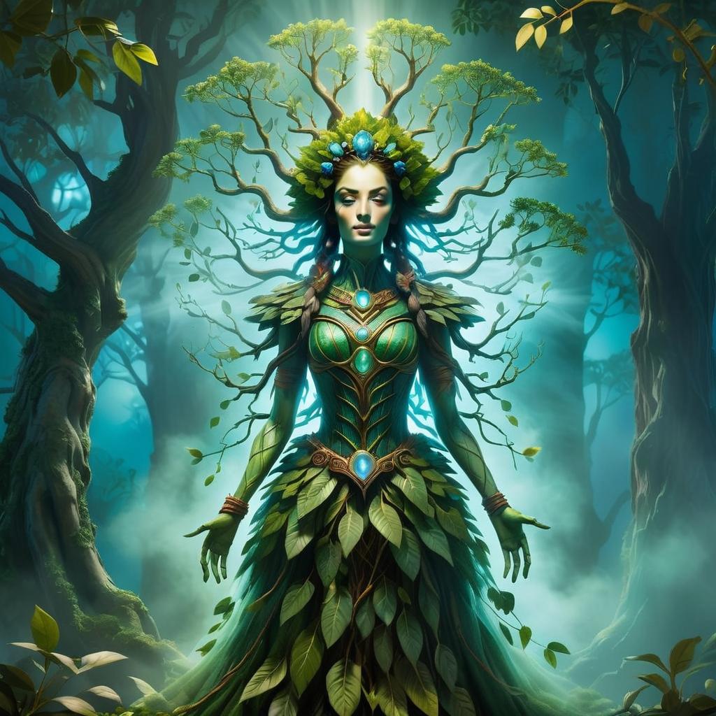 Mystical Woman in Nature-Inspired Dress in Enchanted Forest