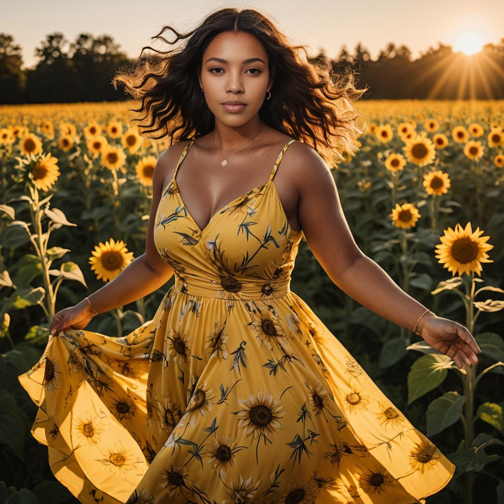 Woman in Sunflower Dress at Sunset