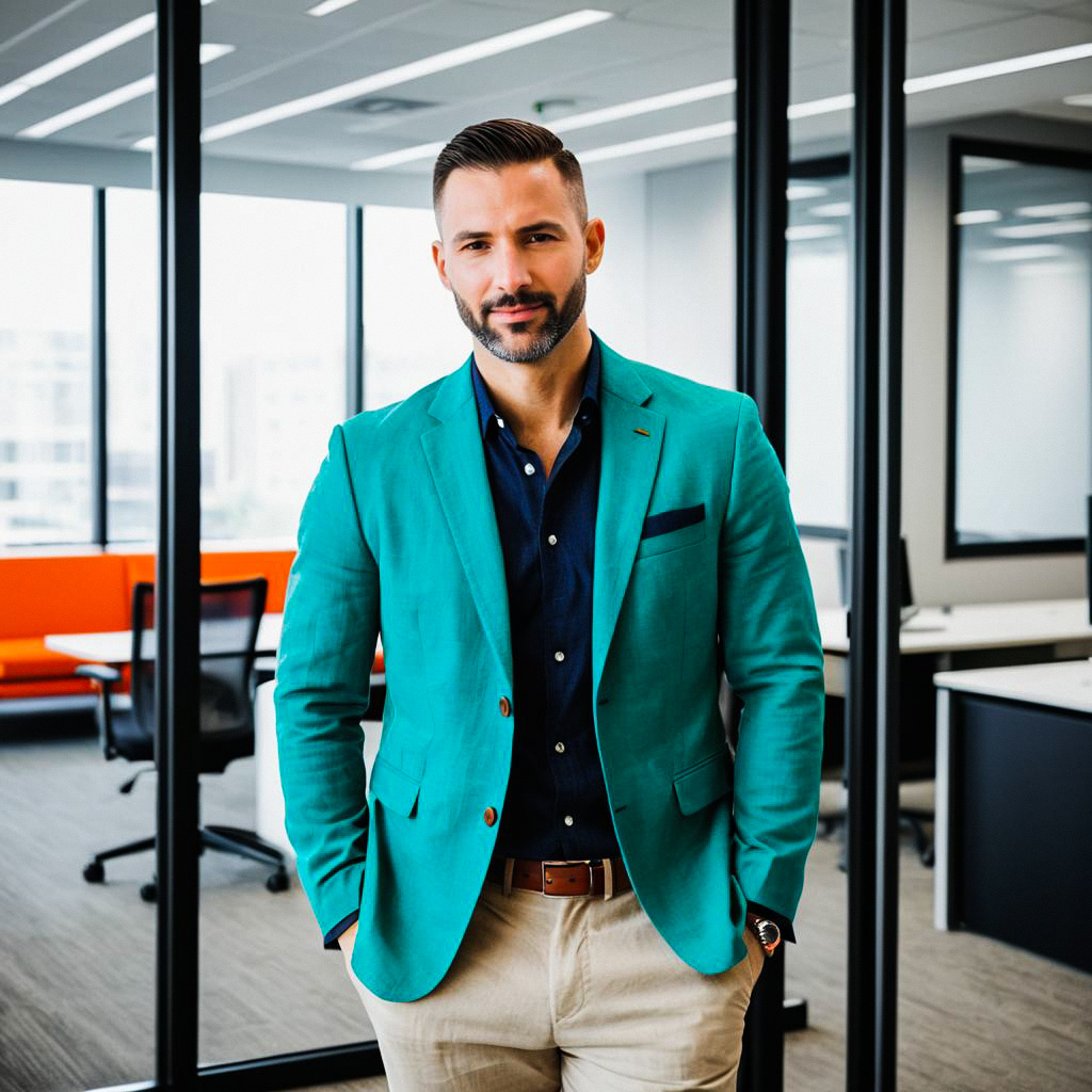 Confident Man in Teal Blazer in Modern Office