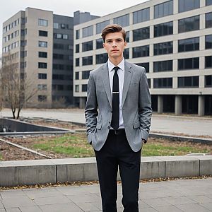 Young Man in Gray Blazer in Urban Setting