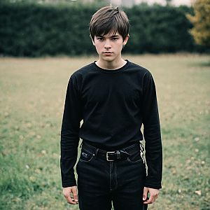 Young Man in All Black Clothes Standing Outdoors with Blurry Background