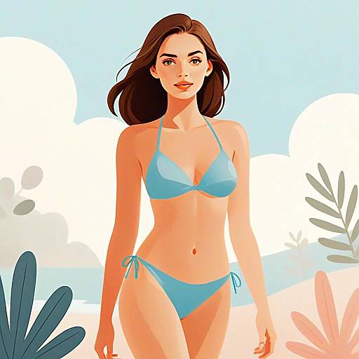 Digital Illustration of Young Woman in Blue Bikini on Beach Background