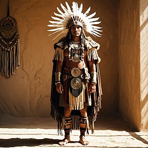 Man in Authentic Native American-Inspired Ceremonial Headdress and Attire