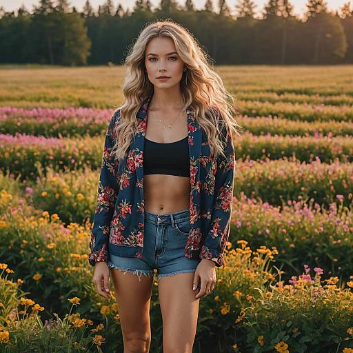 Young Woman in Floral Jacket and Denim Shorts Standing in Flower Field at Sunset