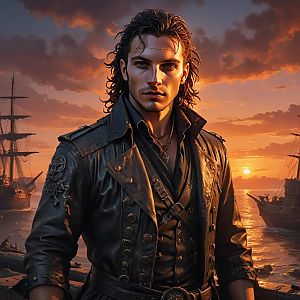 Confident Man in Leather Jacket at Sunset Dock