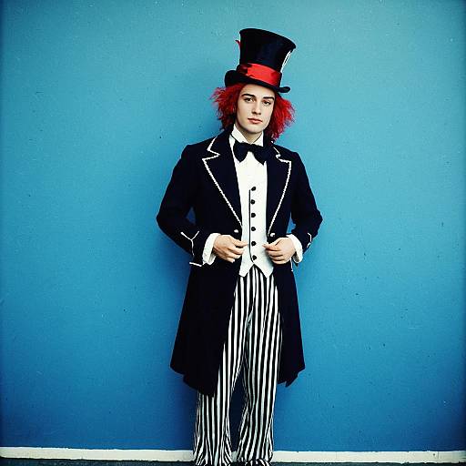 Man in Male Alice in Wonderland Mad Hatter Costume with Striped Pants