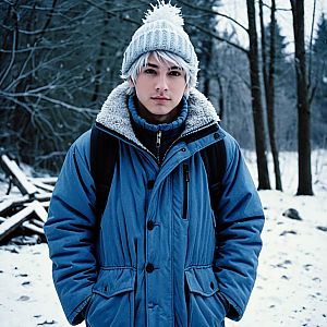 Young Man in Blue Winter Jacket and Knit Hat in Snowy Forest