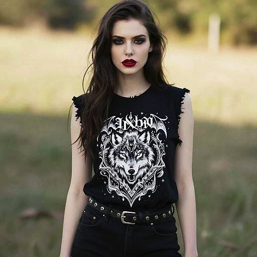 Gothic Woman Wearing Black Sleeveless Top with Wolf Design Outdoors