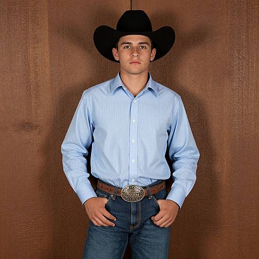 Young Man in Classic Cowboy Outfit with Blue Shirt and Black Hat