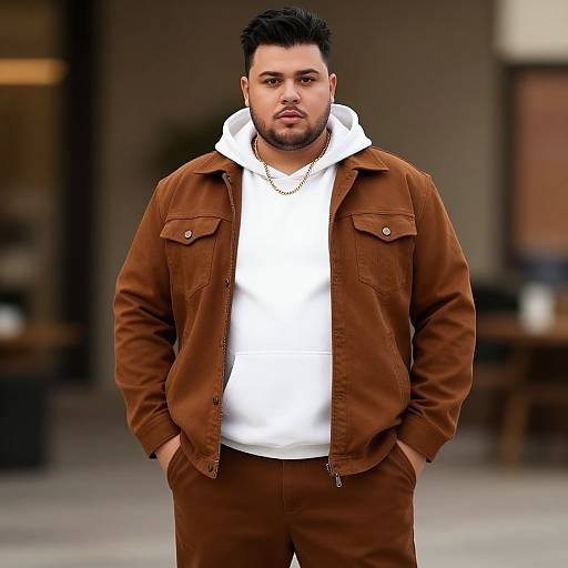Confident Man in Casual Brown Jacket and White Hoodie Outdoors