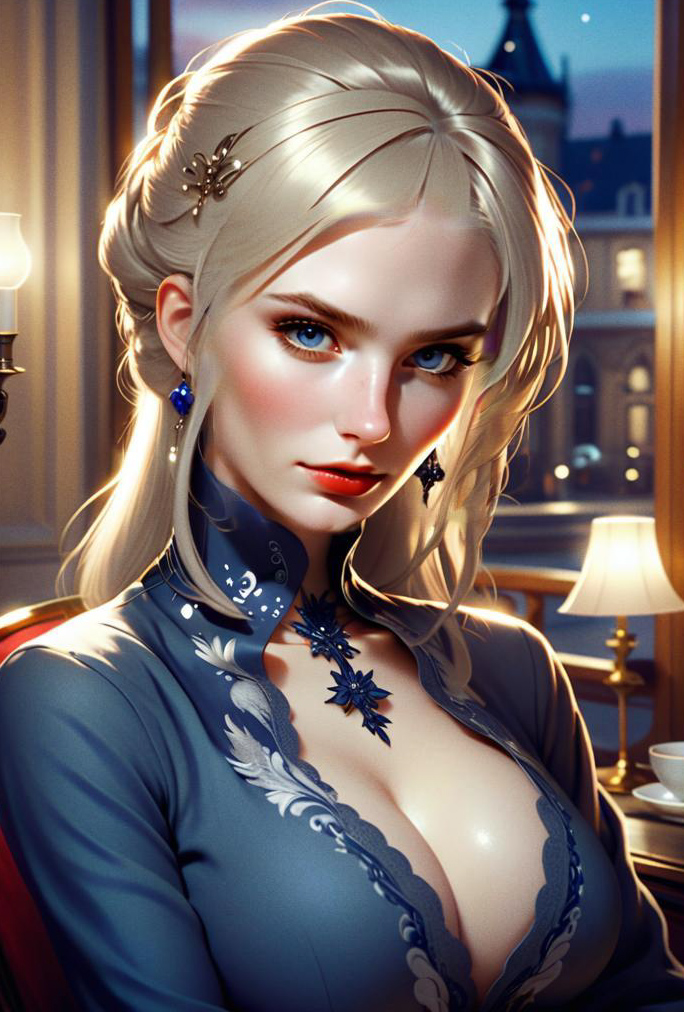 Elegant Blonde Woman Digital Portrait in Blue Embroidered Gown