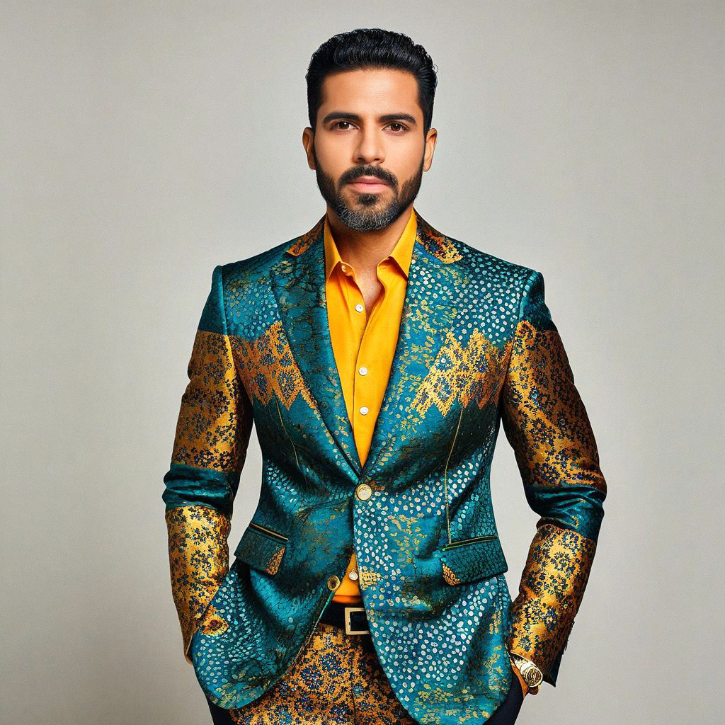 Stylish Man in Teal and Gold Suit