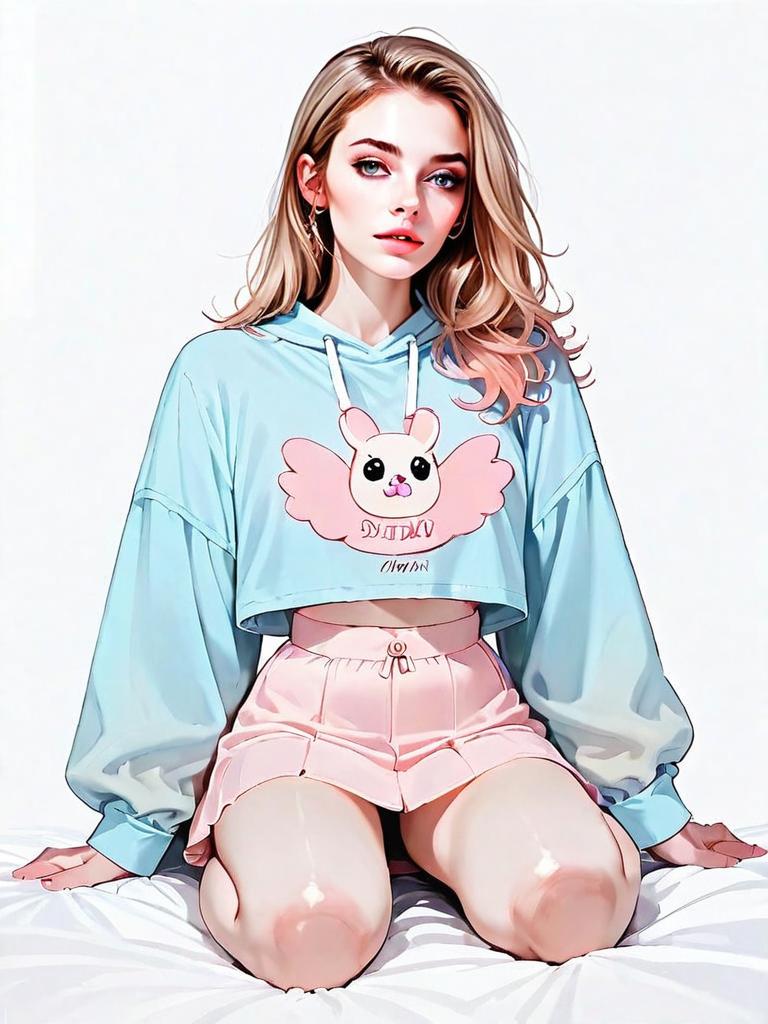 Realistic Digital Illustration of Woman in Pastel Casual Outfit with Bunny Hoodie