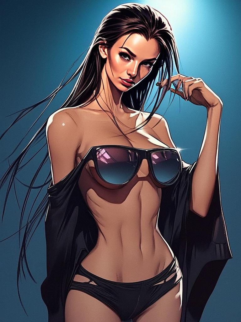 Stylized Digital Illustration of Woman in Black Bikini with Sunglasses