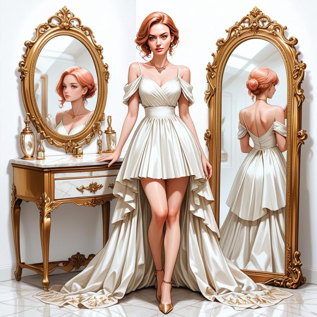 Stylish Woman in Elegant White Gown Between Mirrors