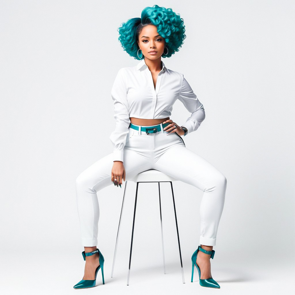 Confident Woman with Teal Hair in Chic White Outfit Confident Woman with Teal Hair in Chic White Outfit